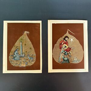 Vtg Hand Painted Leaf Art India Religious Nativity Wall Decor Set 2 Signed